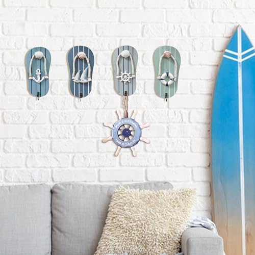 KYIEN Cute Flip Flop Small Towel Wall Hooks- Wooden Beach-Themed Rack with Metal Hooks (9.3") - Coastal Decor for Bathroom & Poolside, Beach Houses for Hanging Key Purse (Blue and White) by KYIEN - Used condition - Image 7