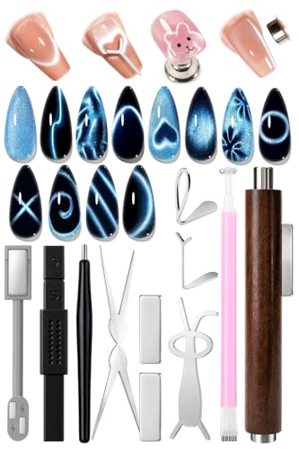 AzureBeauty Cat Eye Magnet Set Heart Rabbit French Cat Eye Nail Tool Kit 3-in-1 Wooden Cylinder Magnet Pen Creates Stripes Black Hole Flower&Glassy Moon Effects for DIY & Salon Use