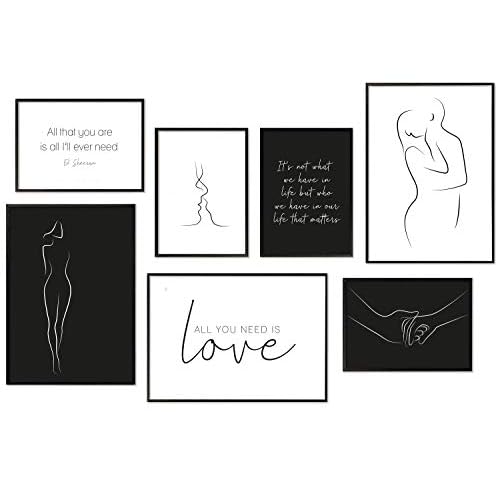 Hyggelig Home Premium Poster Set - 7 passende Bilder im stilvollen Set als Wohnzimmer Deko - Collage Wand Bild Schlafzimmer Flur - 3 x DIN A3 + 4 x DIN A4 - Line Art ohne Rahmen