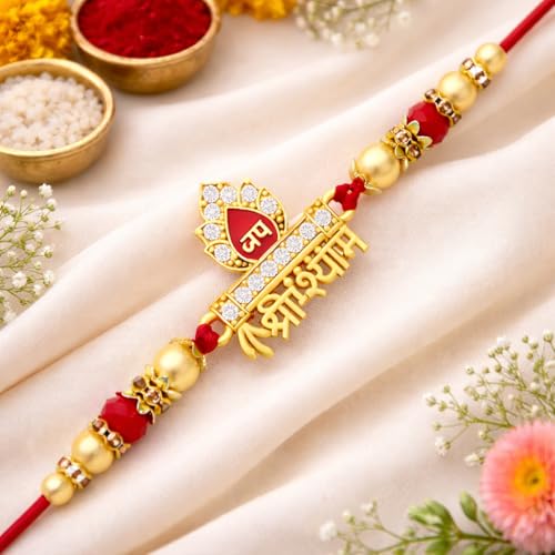 Image of Riddhika Ventures Glorious Gold Plated Auspicious Diamond Ring Rakhi with Roli Chawal and Greeting Card