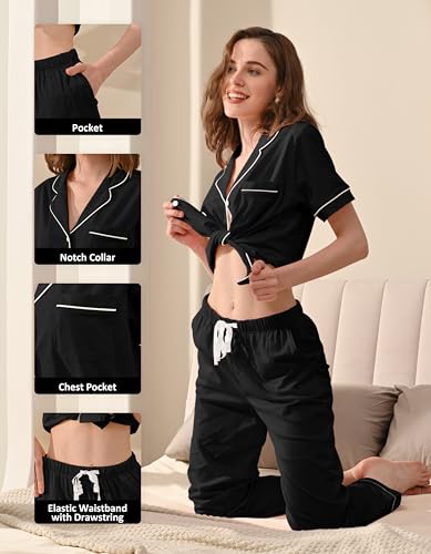Image of NAP BOUND 100% Cotton Women's Pajama Sets Short Sleeve Button Down Soft Pjs 2 Piece Lounge Set with Pocket Nightwear XS-XXL
