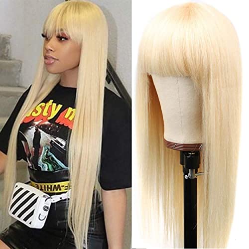 Kelissa 613 Blonde Human Hair Wigs with Bangs Brazilian Silky Straight Human Hair Wigs Can be Dyed Honey Blonde Wigs 150% Density Glueless Full Machine Made Wigs 26 Inch