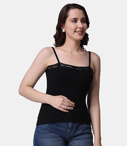 Image of POPWINGS Women Casual Black Rib Solid Sleeve Self Design Noodle Strap Top | Women Tops | Women Regular Tops | Women Tops | Women Stylish Tops