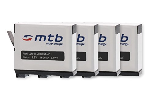 4X Batería AHDBT 401 [Li Ion   3.8V / 1160mAh] Compatible con GoPro Hero4 / Hero 4 Black, Silver, Surf & Music Edition
