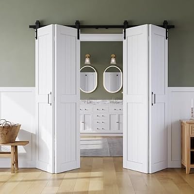 Bifold Barn Door 72" x 84", MDF Bi-Fold Sliding Closet Doors with Hardware Kit Included, Pre-Finished Easy Assembly, Water-Proof PVC Surface & Save Space, H-Frame, 80" Track for 4 Doors,White