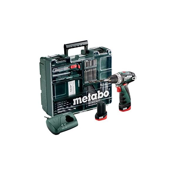 Metabo 600080880 Akku-Bohrschrauber klein PowerMaxx BS Basic Set 10,8V, 2x 2Ah Li-Ion Akkus, inklu. Ladegerät, im Koffer, mit 64-teiligem Zubehör-Set, max. Drehmoment: 17Nm (weich)/ 34Nm (hart)