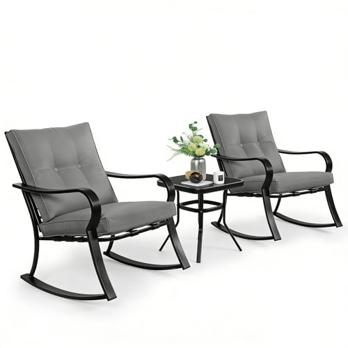 SUNCROWN Outdoor 3-Piece Rocking Chairs Patio Bistro Set Black Steel Furniture with Thickened Cushion and Glass-Top Coffee Table, Grey