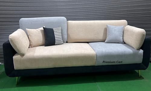 Image of Velvet Contemperory Sofa with Cushion Chaise Lounge Sectional Sofa Perfect for Living Room & Bedroom Guests Home & Office (Bucle Grey & Beige, Three Seater)
