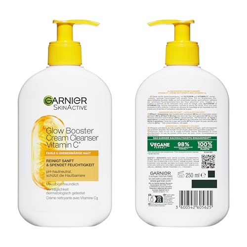 Garnier Gesichtsreinigung für fahle, unebenmäßige Haut, Reinigend und feuchtigkeitsspendend, Mit Vitamin C und Glycerin, Vegane Formel, Glow Booster Cream Cleanser Vitamin C, SkinActive, 250 ml