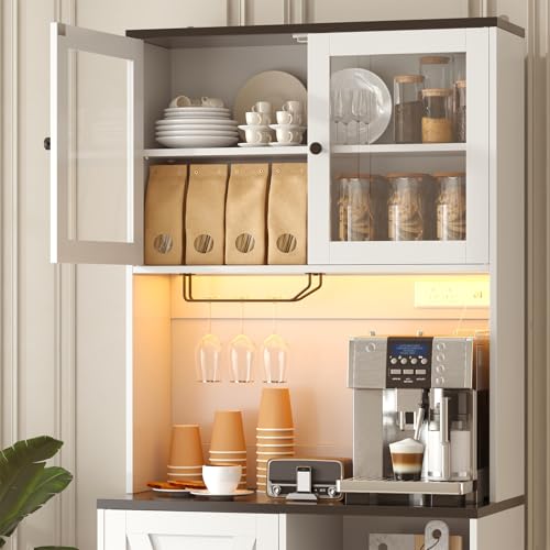 Image of 71 inch Tall Coffee Bar Cabinet with Storage Hutch, Farmhouse Kitchen Pantry Cabinet with LED Lights Microwave Stand and Glass Holder for Home Dining Room Kitchen,White