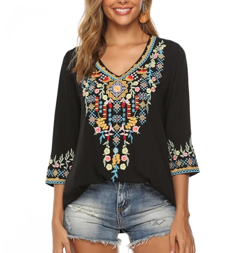 Higustar Mexican Tops for Women Embroidered Shirts Bohemian Hippie Clothes Tunic Fiesta Plus Size Boho Peasant Blouses4