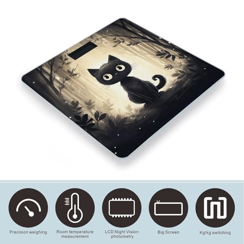 Báscula digital de baño con diseño gato negro y plataforma de vidrio miniatura 3