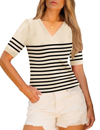 Image of Zeagoo Womens Short Sleeve Sweaters Soft Casual V Neck Pullover Tops Lightweight Knit Sweater Blouse