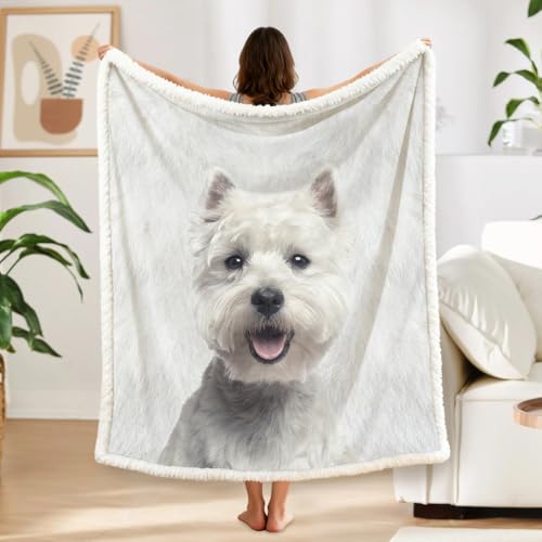BlessLiving - Coperta reversibile in pile con stampa di cucciolo di cane, per divano, letto, seggiolino auto, Microfibra, White Terrier, Twin/Double (150x200cm)