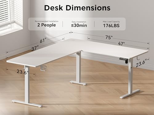Image of WALKINGDESK 75x61 Inches Reversible L Shaped Standing Desk Height Adjustable with Cup Holder, Electric Corner Computer Workstation for Home Office, Sit Stand up Gaming Desk with Cable Management White