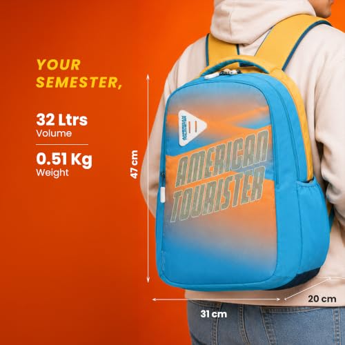 Image of American Tourister Nexa Style 03 | 32 L Backpack | 3 Compartments | School & College Bag for Men & Women | Grey /Yellow | 1 Yr Global Warranty