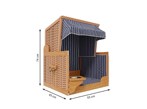 Outgarden Hundestrandkorb Kieferholz|Hundehütte inkl. Schützhülle|Schwenkbarer Wasser-/Futternapf|Sonnenschutz für Hunde & Katzen|Braun mit Dunkelblau-weißen Streifen- Perfekt für kleine Hunde