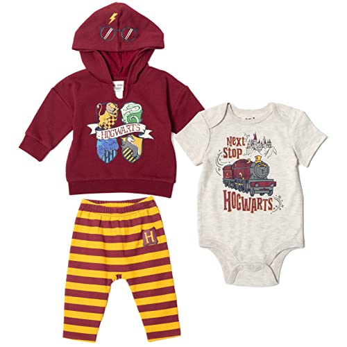 Image of Harry Potter Baby Fleece Pullover Hoodie Bodysuit and Pants 3 Piece Outfit Set Newborn to Infant