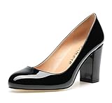 Castamere Womens High Heels Round Toe Slip-On Pumps Block Heel 8CM Patent Black Shoes 10 M US