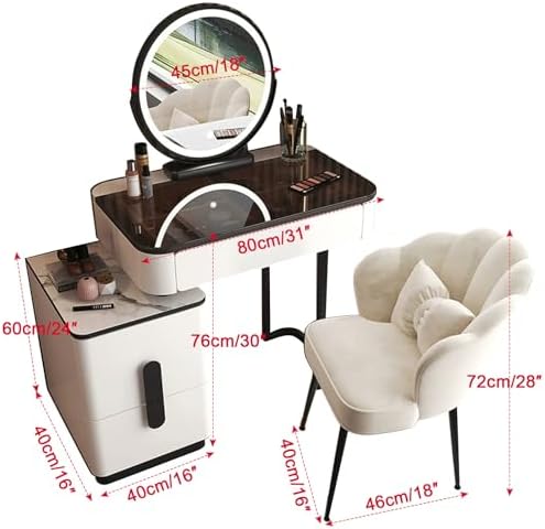 LED Lighted Vanity Makeup Desk Set with 18" Mirror, 3-Drawer Dressing Table & Chair, Compact Black Tempered Glass Bedroom Furniture (31in)