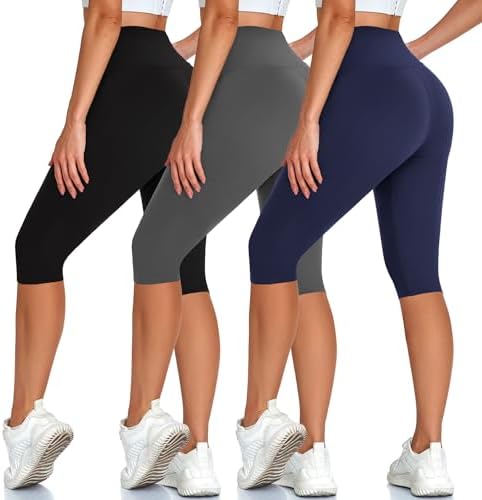 High Waisted 3 Pack Women's Capri Pants - Knee Length Yoga Shorts...