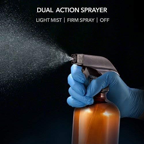 Amber Glass Spray Bottles (2 Pack, 16 oz) - Bonus: 8 Chalk Labels + Pen - Empty Refillable Bottle for Essential Oils, Cleaning Products and Aromatherapy - Dual Action Trigger Sprayer with Mist, Stream