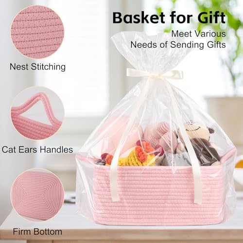 Image of OIAHOMY Woven Basket, Gift Basket Empty with Gift Bags and Ribbons, Rope Baskets for Baby Showers, Storage Baskets with Handles for Nursery, Pet Toy Organizer - Pink