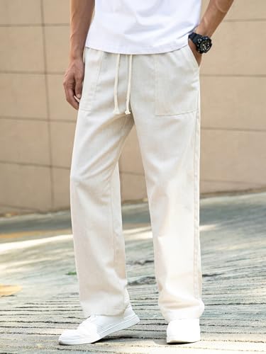 Image of Linen Pant for man | Loose Fit Trouser for Men | Elastic Waist with Drawstring | Perfect for Casual Wear | Lightweight Breathable Fabric | Straight Fit & Side Pocket