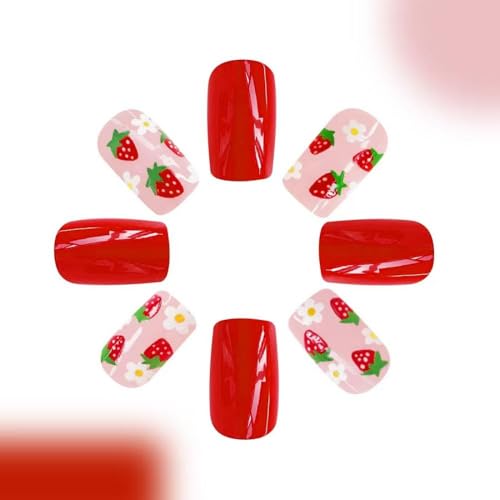Image of Red Press on Nails Strawberry Fake Nails Short Square False Nails with Design Nude Glue on Nails Acrylic Full Cover Glossy Stick on Nails for Women Girls Spring Manicure 24Pcs