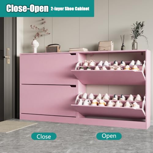Image of Xixini Shoe Storage Cabinet for Entryway with 2 Flip Drawers, Wood Freestanding Hidden Shoe Storage, Narrow Slim Sturdy Shoe Organizer for Front Door Entrance, Living Room, Hallway, Bedroom, Pink