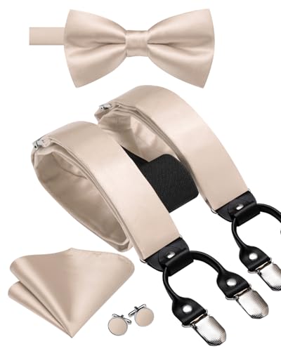 Image of Hi-Tie Men Suspender Bowtie Set Suspenders Pre-tied Bow Tie Pocket Square Cufflinks Adjustable Y Shape 6 Clips Braces Tuxedo