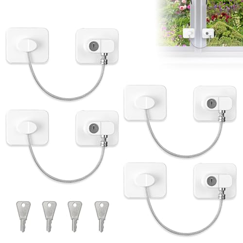 mizikuu 4 Pièces Securite Fenetre Enfant, Serrures Protection Fenetre Enfant avec 4 Clés Adhésive Câble de Limitation Serrures de Porte du Réfrigérateur pour Armoire Tiroir Placard Fenêtres Laveuse