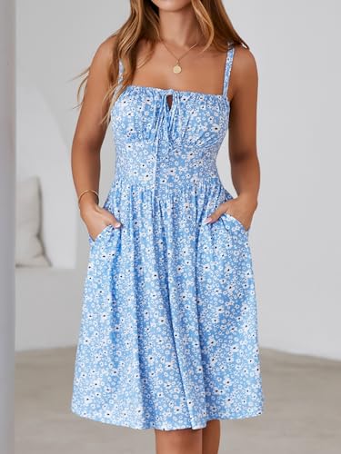Image of YATHON Summer Mini Corset Sun Dress for Women Short Casual Square Neck Lace Up Floral Beach Vacation Dresses with Pockets