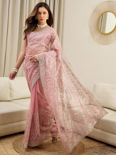 Image of AKHILAM Women's Net Embroidered Saree With Unstitched Blouse Piece