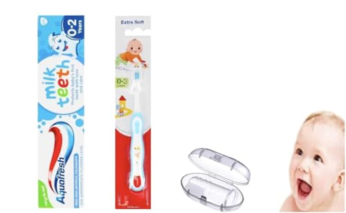 Sanitral Kit completo para el primer cepillo de dientes del bebé: pasta de dientes Aquafresh 0-2 años + cepillo extra suave + cepillo de dedo (juego de 3)