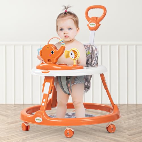Image of Baybee Minto 2-in-1 Baby Walker for Kids with Push Handle, 2-Level Height Adjustment, Footmat & Musical Toy Bar | Activity Push Walker for Babies 6-18 Months (Orange)