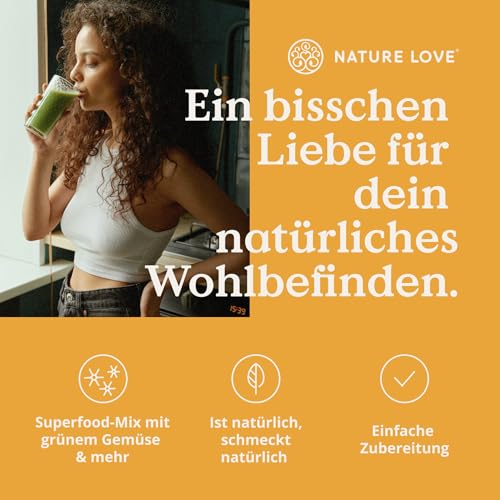 NATURE LOVE® Green Superfood - 300g - 15 Superfoods und 2 Vitalpilze - u.a. mit Gerstengras, Spirulina & Moringa - Greens Pulver ohne Aromen, Süßstoffe oder zugesetzten Zucker - vegan & laborgeprüft