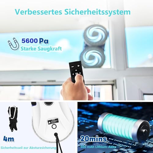 ZUSKYZU Fensterputzroboter Automatischer Fensterreinigungsroboter Fensterroboter Mit Wasserstrahl, Fensterreiniger Roboter Elektrisch Fenstersauger 5600pa Starke Saugkraft für Große Außenfenster