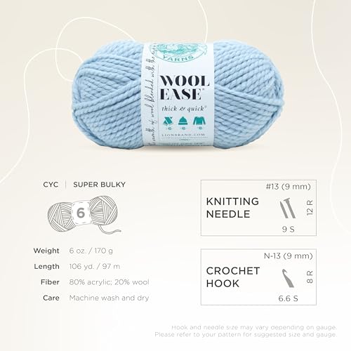 Image of Lion Brand Yarn Wool-Ease Thick & Quick Yarn, Soft and Bulky Yarn for Knitting, Crocheting, and Crafting, 1 Skein, Glacier | Super Bulky Wool Acrylic Blend Fiber for Soft Hats, Sweaters, Chunky Blankets, Yarn for Crochet, Knitting, Crafts, Weaving