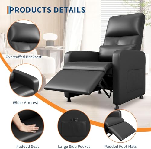 Image of Power Recliner Chair, Adjustable Electric Recliner Chair with Tall Back & Overstuffed Padding, PU Leather Single Sofa with 2 Side Pockets & USB Port, Home Theater Seating for Living Room, Black
