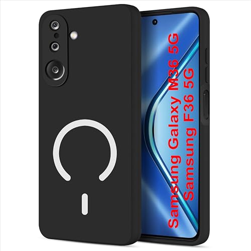 Image of SBMS Silicone Back Cover Case for Samsung M36 5G / F36 | Soft Micro-Fibre Lining Inside | Magsafe Print On Back Side Camera Protection Bump | Shockproof Case for Galaxy M36 (Magsafe Print Big Black)
