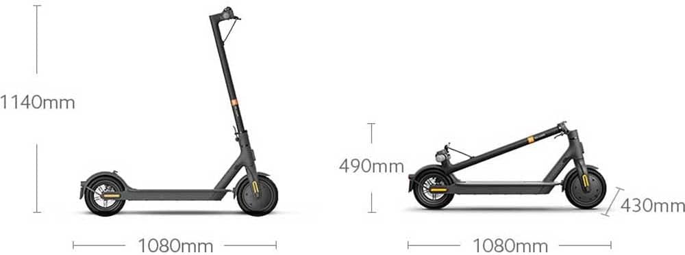 Diagram showing unfolded and folded dimensions of the scooter