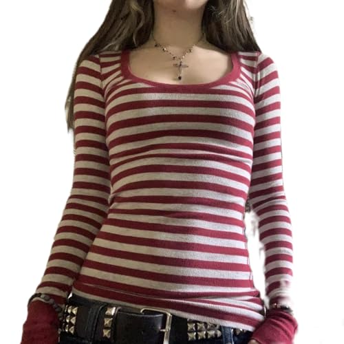 Women Y2k Striped Long Sleeve Shirt Grunge Tops Vintage Aesthetic Gothic Color Block Tees Fairy Teens Girls Shirts
