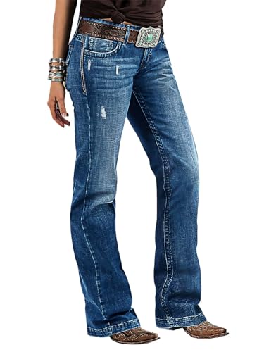 Flamingals Women's Boho Bootcut Mid Rise Jeans Distressed Stitch Detail High Stretch Denim Pants Without Belt