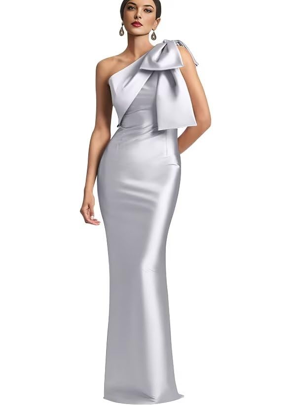 Image of One Shoulder Bridesmaid Dresses with Bow Long Mermaid Satin Back Slit Mother of The Bride Dresses PM004