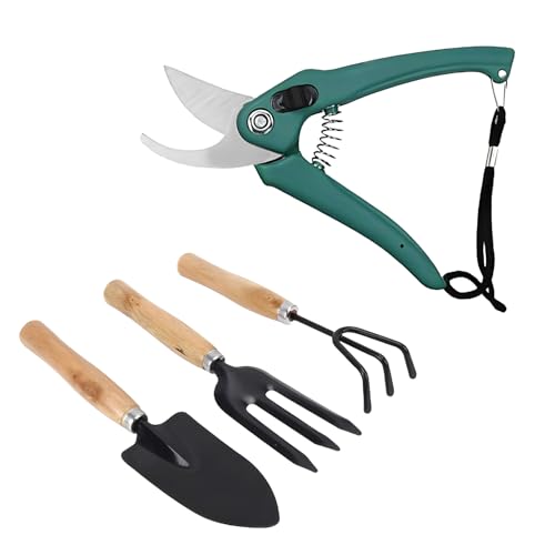 Oblivion Gardening Tool Set 4 Pcs – Pruner Shears, Hand Cultivator, Trowel & Fork with Wooden Handle for Planting, Weeding, Pruning & Soil Maintenance