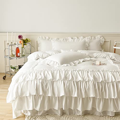 IHOUSTRIY Ruffle Duvet Cover Queen Size,100% Washed Microfiber 3pcs Bedding Duvet Cover Set, Shabby...