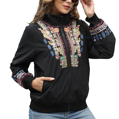 Grosy Boho Embroidered Bomber Jacket Women Fashion Floral Windbreaker Mexican Lightweight Zip Cropped Coat Fall Winter2