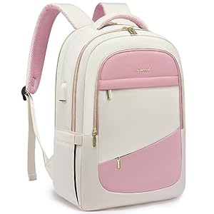 LOVEVOOK Laptop Backpack for Women,15.6 Inch College Travel Work Copmputer Backpack,Backpacks with USB Port,Waterproof Back Pack with Laptop Compartment for Teacher Nurse,White-Pink