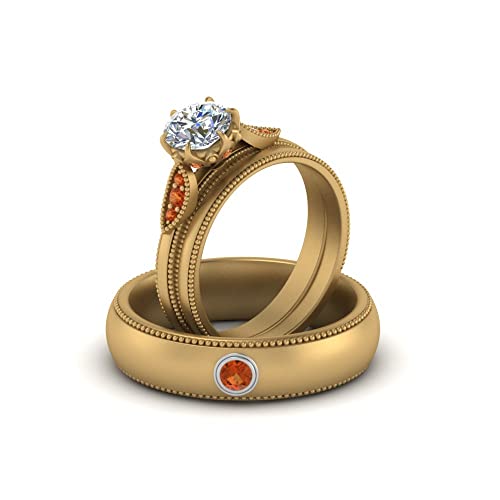 Image of Choose Your Gemstone Milgrain Matching Wedding Set for Couples Yellow Gold Plated Round Shape Wedding Ring Sets Matching Jewelry Wedding Jewelry Easy to Wear Gifts US Size 4 to 12